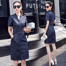 FXG-牛仔连衣裙女夏短袖V领中裙A字裙高腰修身显瘦包臀裙