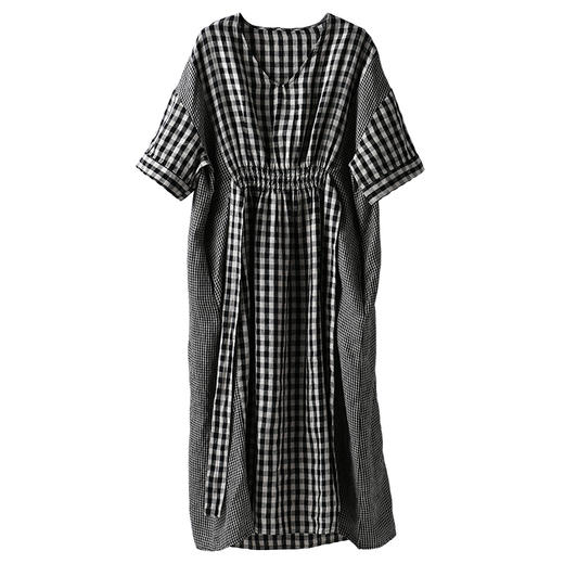 包邮q2235文艺大码v领收腰格子拼接长款亚麻连衣裙女2019春