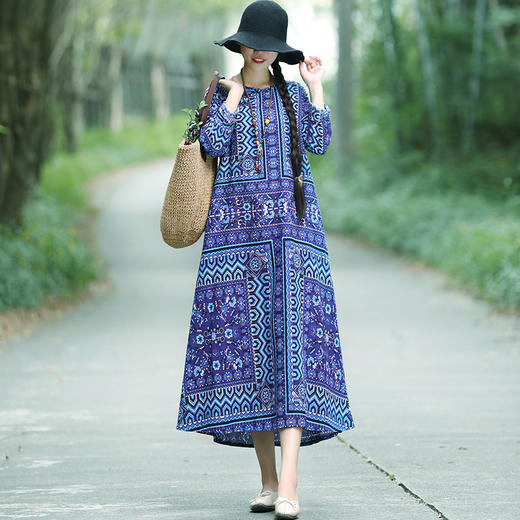 QDFS-B053棉麻长袖宽松民族风大摆长裙 TZW 商品图0