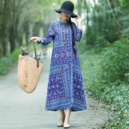 QDFS-B053棉麻长袖宽松民族风大摆长裙 TZW 商品图3