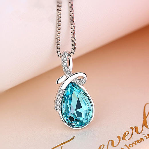 s925纯银水晶项链女奥地利蓝水晶吊坠镶钻锁骨链ptsp069