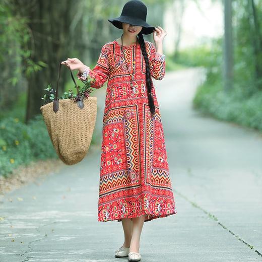 QDFS-B053棉麻长袖宽松民族风大摆长裙 TZW 商品图4