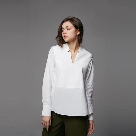 【通勤复古大v领长袖衬衫】全棉性感显瘦a型白衬衫
