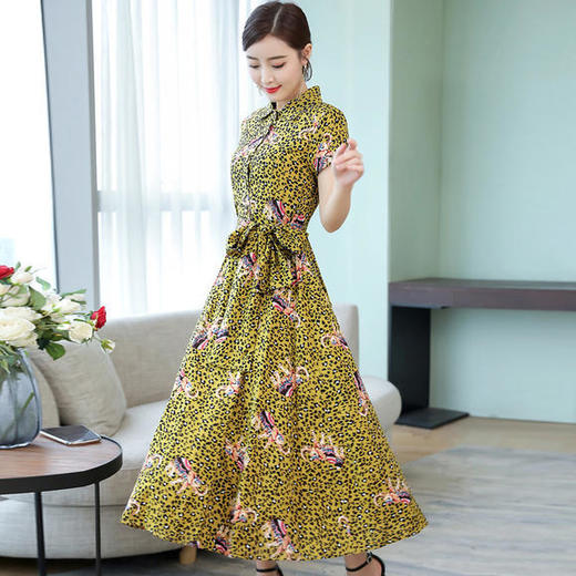 AHM-nrh2202 新款韩版宽松系带显瘦棉麻印花大摆裙 商品图1