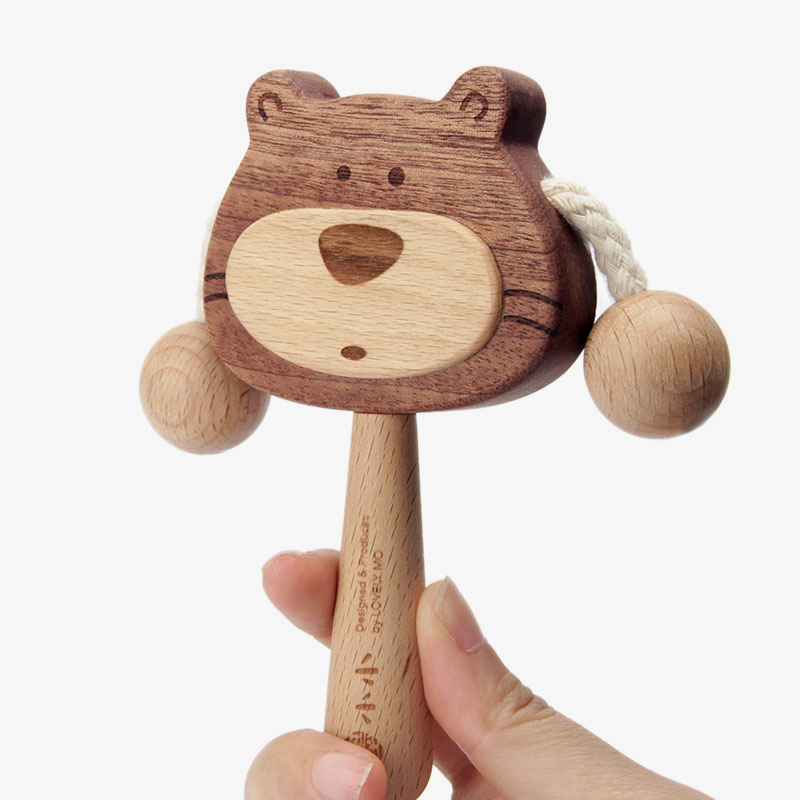 【6个月＋】墨小小 可可熊拨浪鼓 木质传统婴儿啃咬儿童玩具