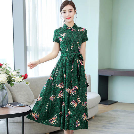 AHM-nrh2202 新款韩版宽松系带显瘦棉麻印花大摆裙 商品图0