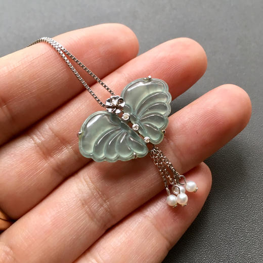 高冰种蓝水翡翠蝴蝶18k白金钻石镶嵌 商品图0