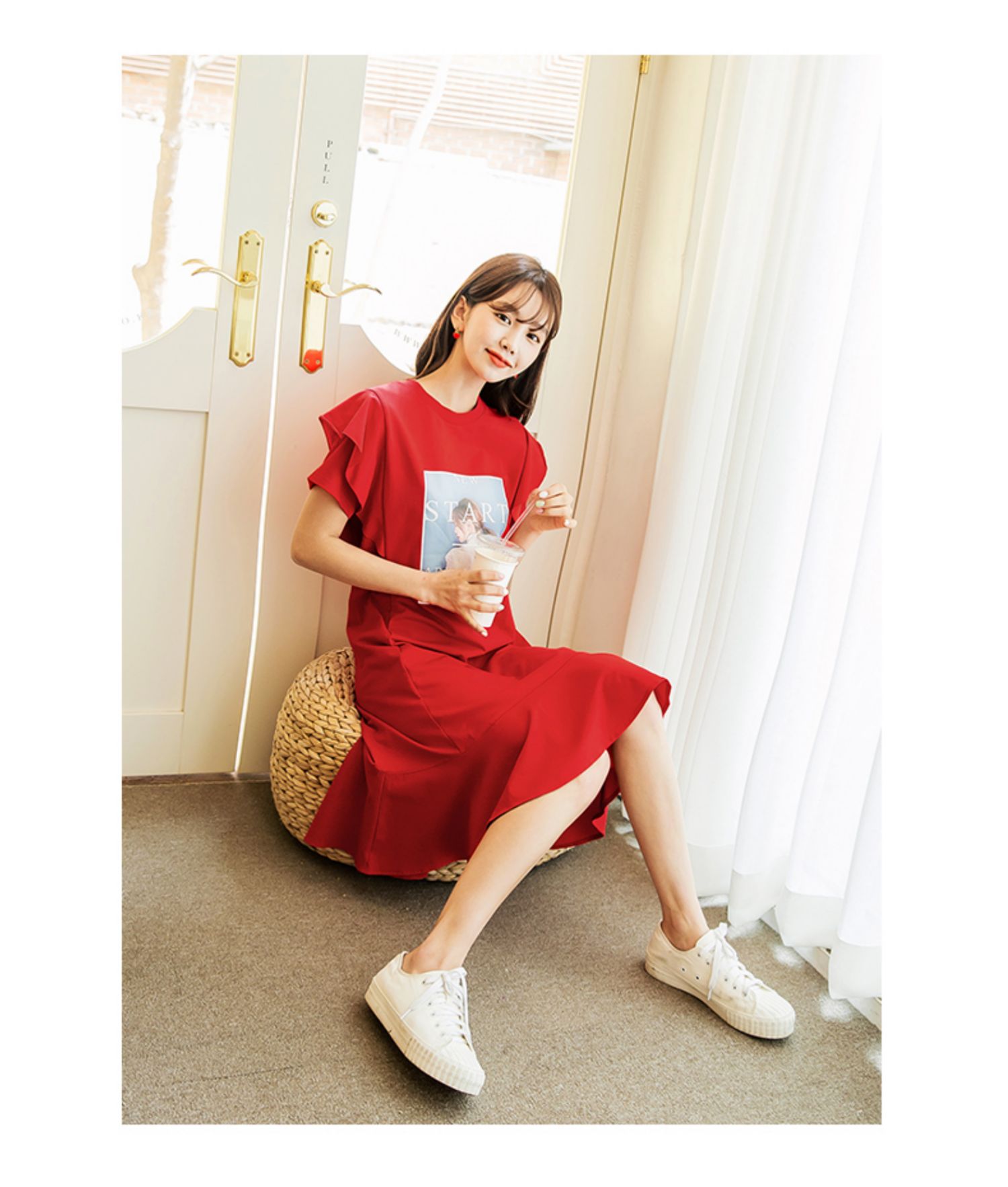 韩都衣舍2020新款夏装学生气质红色印花荷叶边连衣裙女cq8782 