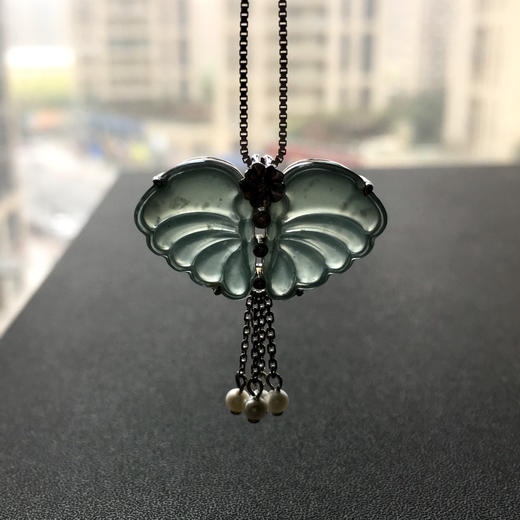 高冰种蓝水翡翠蝴蝶18k白金钻石镶嵌 商品图3