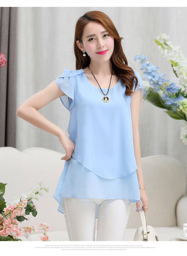2019年夏装新款韩版女修身中长款短袖雪纺衫