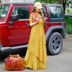 飞骞绣花拼接连衣裙 | 杨丽萍老师同款 | 黄色短袖少量现货 