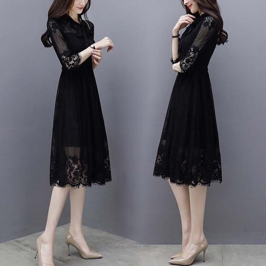 【服饰鞋包】春夏新款女装韩版七分袖蕾丝连衣裙女黑色气质显瘦中长款裙子 商品图1
