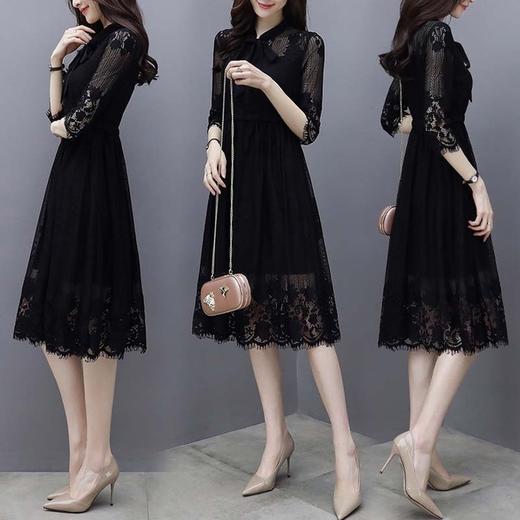 【服饰鞋包】春夏新款女装韩版七分袖蕾丝连衣裙女黑色气质显瘦中长款裙子 商品图2