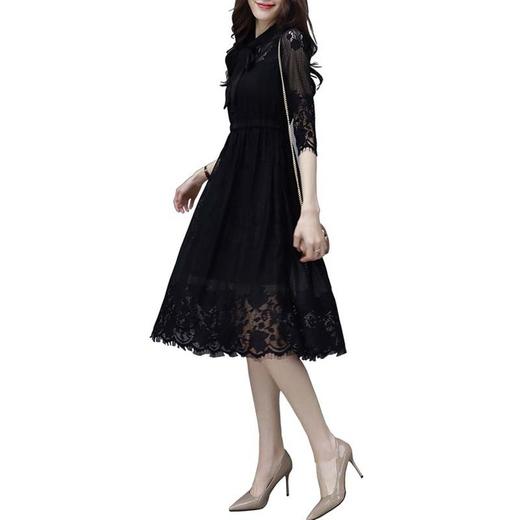 【服饰鞋包】春夏新款女装韩版七分袖蕾丝连衣裙女黑色气质显瘦中长款裙子 商品图4