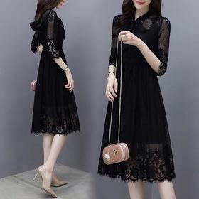 【服饰鞋包】春夏新款女装韩版七分袖蕾丝连衣裙女黑色气质显瘦中长款裙子