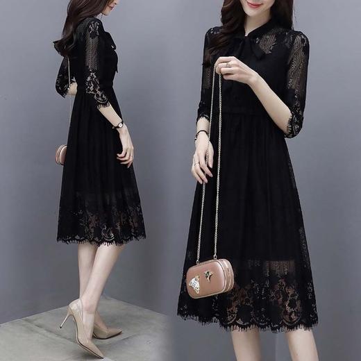 【服饰鞋包】春夏新款女装韩版七分袖蕾丝连衣裙女黑色气质显瘦中长款裙子 商品图0