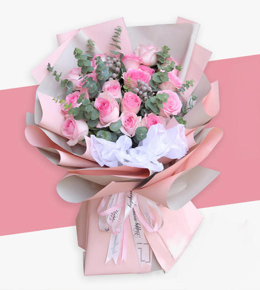 言浅情深花材19朵戴安娜粉玫瑰配材尤加利红豆