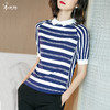 减龄海军蓝白条纹T 柔软手感 亲肤舒适 米思阳2025夏季新款翻领蓝白色条纹修身显瘦短袖衬衫休闲上衣1263 商品缩略图0