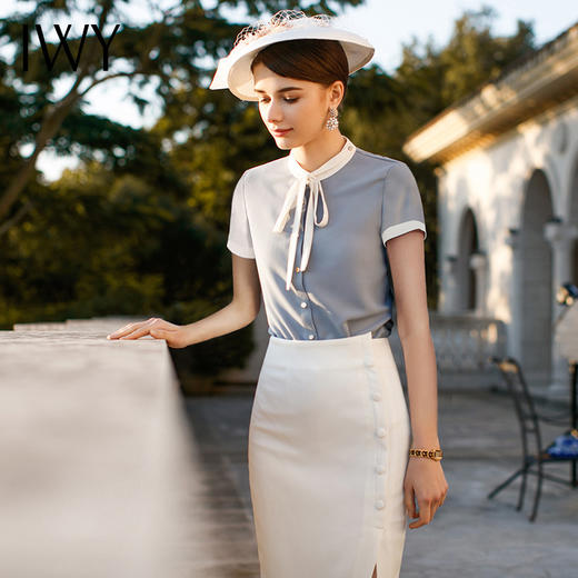 IWY/ 时尚名媛蓝色系带衬衫包臀裙套装职业装女装ol白领面试工作服夏B81 商品图4