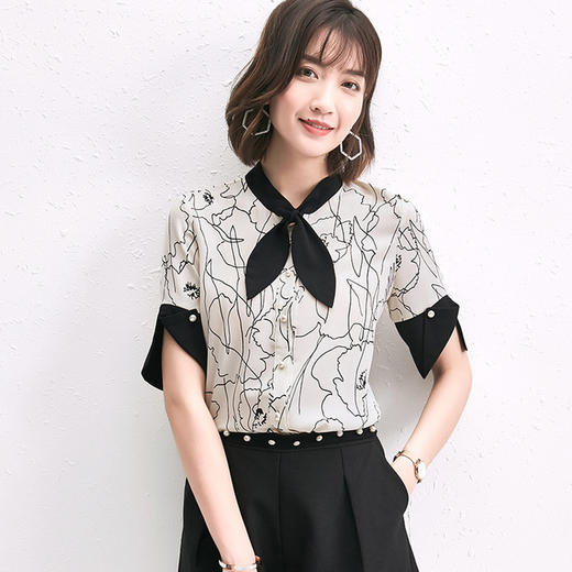 【衬衫】。夏季韩版时尚外贸女装职业OL上衣宽松显瘦短袖印花雪纺衬衫女 商品图0