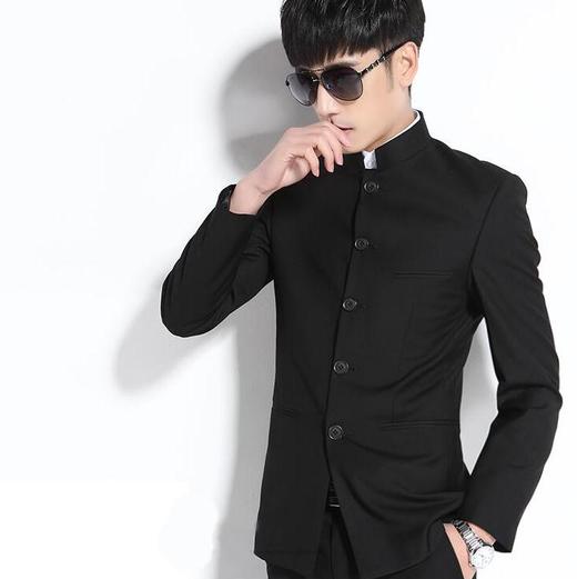 【西装男】男士青年韩版修身纯黑色青年装商务时尚职业中山装 商品图1