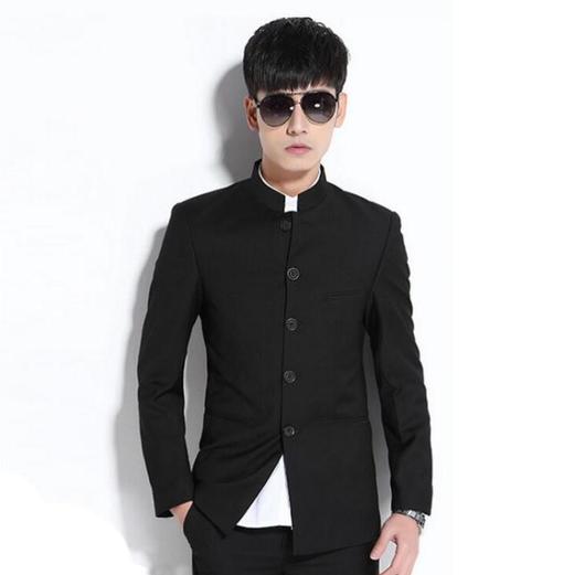 【西装男】男士青年韩版修身纯黑色青年装商务时尚职业中山装 商品图0