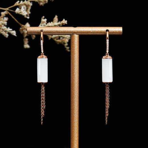 18k玫瑰金和田玉（白玉）镶钻耳饰--幸运轮 商品图0