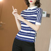 减龄海军蓝白条纹T 柔软手感 亲肤舒适 米思阳2025夏季新款翻领蓝白色条纹修身显瘦短袖衬衫休闲上衣1263 商品缩略图3
