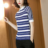 减龄海军蓝白条纹T 柔软手感 亲肤舒适 米思阳2025夏季新款翻领蓝白色条纹修身显瘦短袖衬衫休闲上衣1263 商品缩略图2