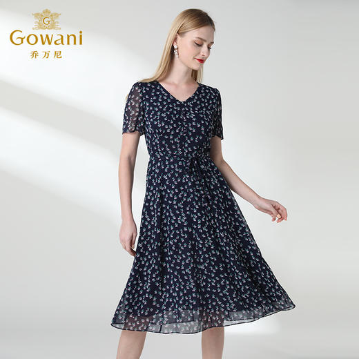 乔万尼夏真丝碎花法国复古裙修身桑蚕丝连衣裙女过膝长款EN2E558 商品图1