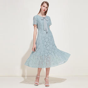 EITIE爱特爱女装夏季短袖蝴蝶结系带修身显瘦蕾丝连衣裙B1907244