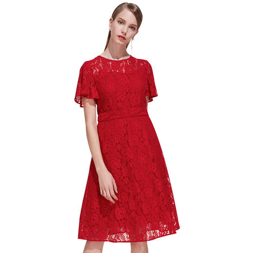 EITIE爱特爱女装夏季荷叶边袖口收腰显瘦大红色蕾丝连衣裙B1907248 商品图4