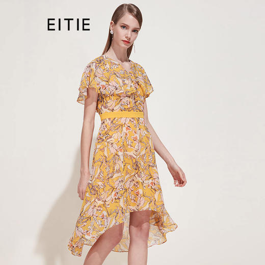 EITIE爱特爱女装夏季新短袖不规则荷叶边知性优雅印花连衣裙B1907280 商品图0