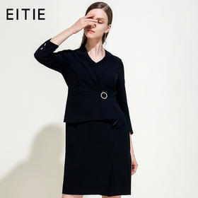 EITIE爱特爱女装春秋季新品V领七分袖高腰纯色假两件连衣裙5907614