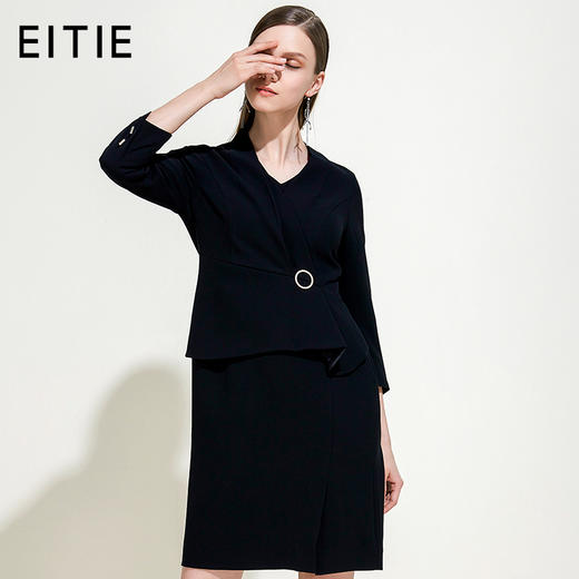 EITIE爱特爱女装春秋季新品V领七分袖高腰纯色假两件连衣裙5907614 商品图0