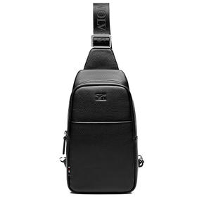 七匹狼胸包男包男士休闲单肩包软牛皮斜挎包青年背包头层跨包 黑色1A1174201-01