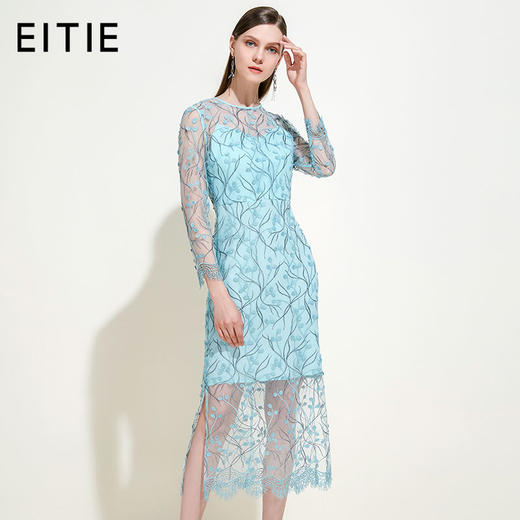 EITIE爱特爱女装夏季刺绣薄纱透视修身显瘦蕾丝礼服连衣裙5977615 商品图0