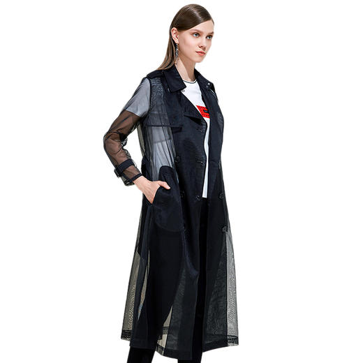 EITIE爱特爱女装夏季翻领轻薄透气防晒薄纱拼接开衫长款外套5904614 商品图4