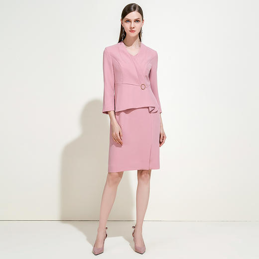 EITIE爱特爱女装春秋季新品V领七分袖高腰纯色假两件连衣裙5907614 商品图1