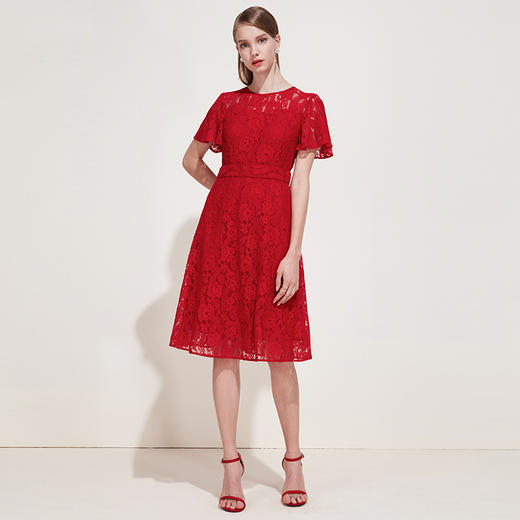 EITIE爱特爱女装夏季荷叶边袖口收腰显瘦大红色蕾丝连衣裙B1907248 商品图1