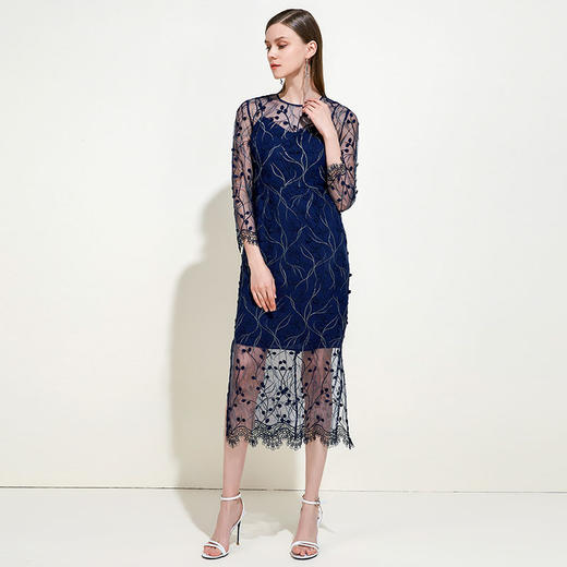 EITIE爱特爱女装夏季刺绣薄纱透视修身显瘦蕾丝礼服连衣裙5977615 商品图1