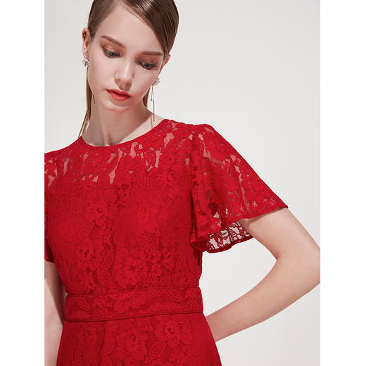 EITIE爱特爱女装夏季荷叶边袖口收腰显瘦大红色蕾丝连衣裙B1907248 商品图2