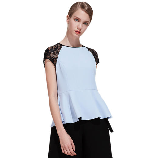 EITIE爱特爱夏季女装蕾丝小包袖拼接荷叶边收腰小上衣B1913226 商品图4