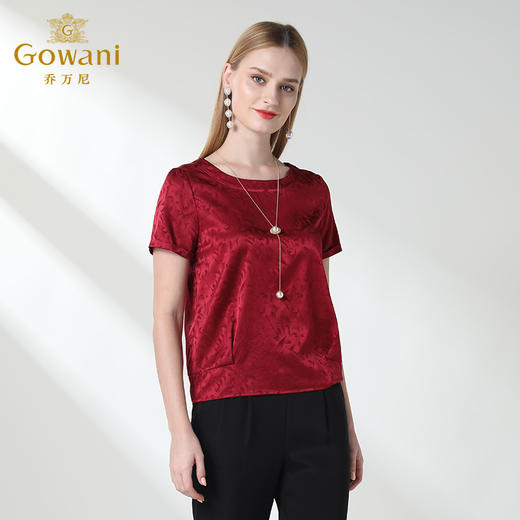 乔万尼夏季桑蚕丝衬衫女圆领时尚宽松简约红色短袖上衣潮EN2C620 商品图1