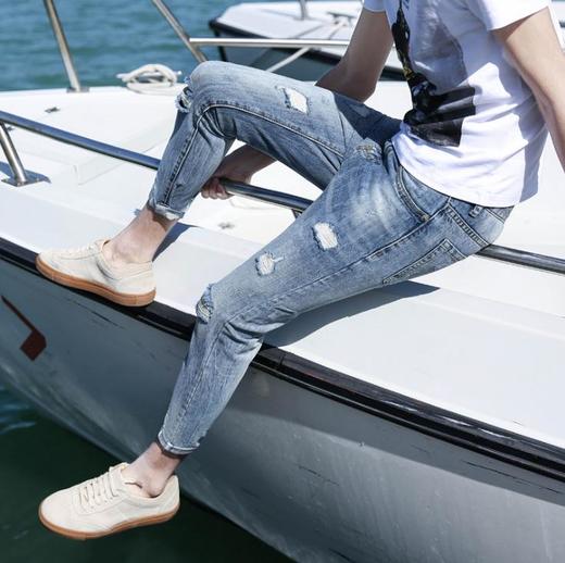 【服饰鞋包】破洞牛仔裤男式修身小脚牛仔裤割烂纯棉浅白蓝九分牛仔裤男潮 商品图3