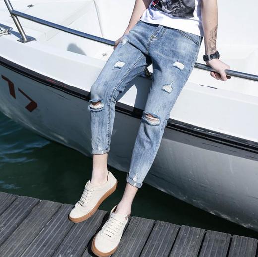 【服饰鞋包】破洞牛仔裤男式修身小脚牛仔裤割烂纯棉浅白蓝九分牛仔裤男潮 商品图1