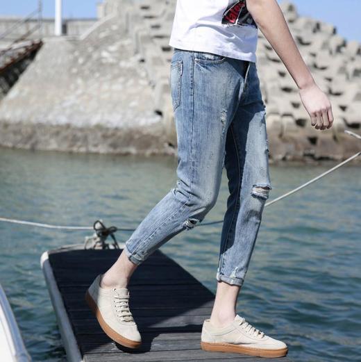 【服饰鞋包】破洞牛仔裤男式修身小脚牛仔裤割烂纯棉浅白蓝九分牛仔裤男潮 商品图2