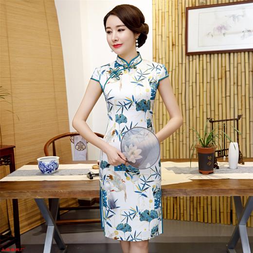 ym84226新款春季小清新白色仙鹤竹叶立领短袖中长旗袍连衣裙