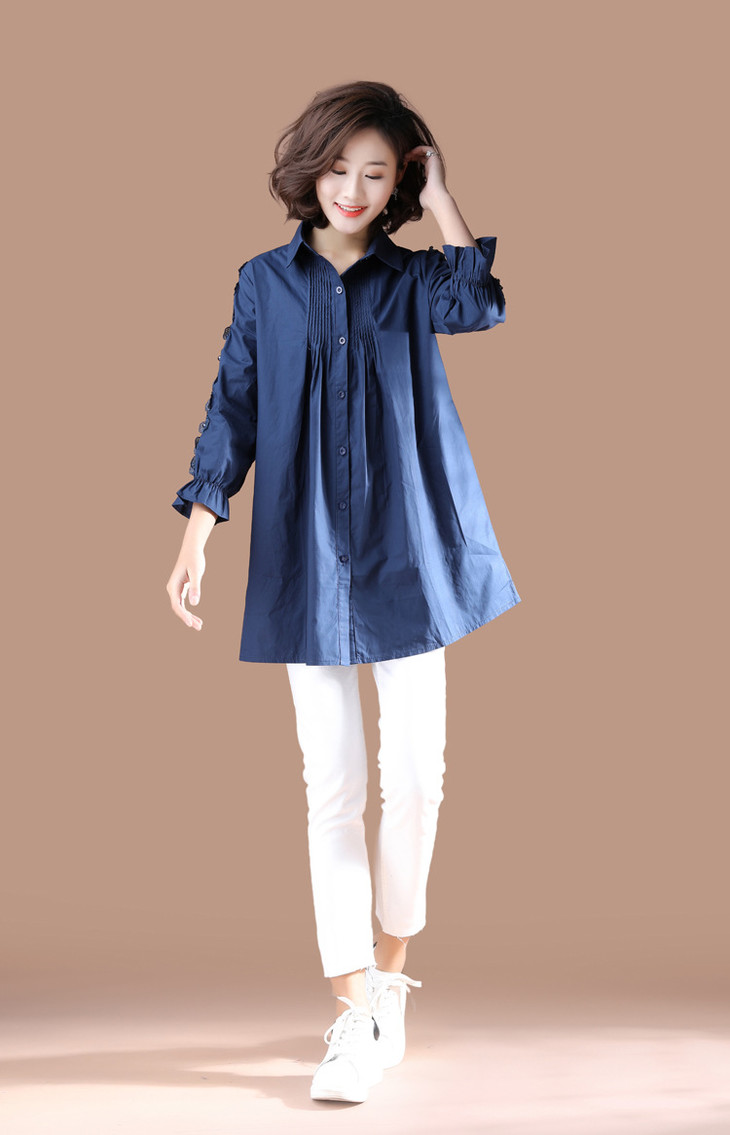 yh78150中长款九分袖刺绣衬衫宽松衬衣