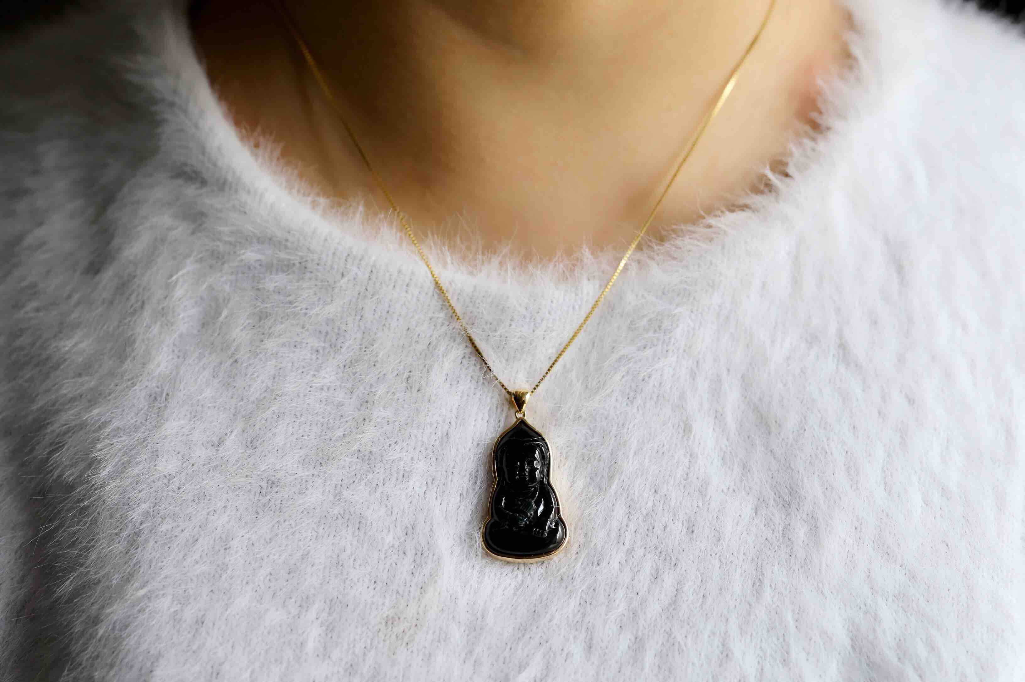 冰种墨翠宝宝佛18k黄金镶嵌